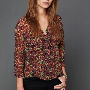 Free people sheer floral long sleeve button up layering boho top xs
